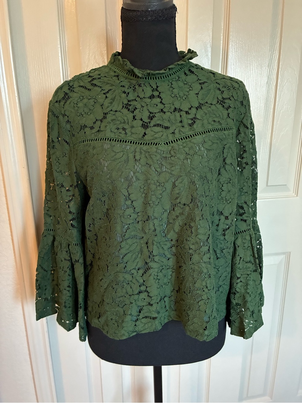 BB Dakota Olive Green Lace Bell Sleeve Blouse